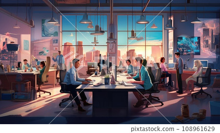 A bustling office scene with employers cartoon illustration - Generative AI. 108961629