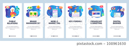 Mobile app onboarding screens. Digital marketing and branding, sale timer, female PR specialist. Menu vector banner template for website and mobile development. Web site design flat illustration 108961630