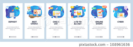 Mobile app onboarding screens. Online shopping, order food online, sale promotion. Menu vector banner template for website and mobile development. Web site design flat illustration 108961636