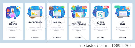 Mobile app onboarding screens. Project drawing, business management, job resume, seo tags, marketing. Menu vector banner template for website and mobile development. Web site design flat illustration 108961765