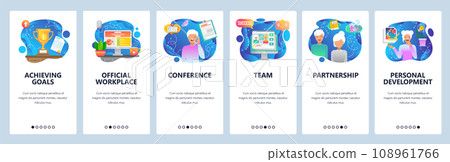 Mobile app onboarding screens. Office workplace, team work, business call, winner cup. Menu vector banner template for website and mobile development. Web site design flat illustration 108961766
