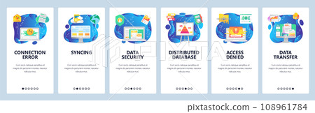 Mobile app onboarding screens. Computer technology, cyber security, access denied, data sync, connection error. Vector banner template for website and mobile development. Web site flat illustration Mobile app onboarding screens. Computer technology, cyber security, access denied, data sync, connection error. Vector banner template for website and mobile development. Web site flat illustration 108961784