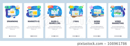 Mobile app onboarding screens. Online computer technologies, digital marketing, work flow, email spam. Menu vector banner template for website and mobile development. Web site design flat illustration Mobile app onboarding screens. Online computer technologies, digital marketing, work flow, email spam. Menu vector banner template for website and mobile development. Web site design flat illustration 108961786