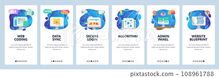 Mobile app onboarding screens. Software technology development, data sync, secure login, admin panel. Menu vector banner template for website and mobile development. Web site design flat illustration Mobile app onboarding screens. Software technology development, data sync, secure login, admin panel. Menu vector banner template for website and mobile development. Web site design flat illustration 108961788
