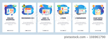 Mobile app onboarding screens. Online shopping, price comparison, order and delivery, sale promotion. Menu vector banner template for website and mobile development. Web site design flat illustration Mobile app onboarding screens. Online shopping, price comparison, order and delivery, sale promotion. Menu vector banner template for website and mobile development. Web site design flat illustration 108961790