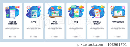 Mobile app onboarding screens. Digital money, online shopping, sale promotion, data protection. Menu vector banner template for website and mobile development. Web site design flat illustration Mobile app onboarding screens. Digital money, online shopping, sale promotion, data protection. Menu vector banner template for website and mobile development. Web site design flat illustration 108961791