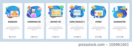 Mobile app onboarding screens. Online shopping, package delivery, sale advertisement. Menu vector banner template for website and mobile development. Web site design flat illustration Mobile app onboarding screens. Online shopping, package delivery, sale advertisement. Menu vector banner template for website and mobile development. Web site design flat illustration 108961801