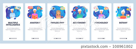 Mobile app onboarding screens. Science research, female scientist, education topics. Menu vector banner template for website and mobile development. Web site design flat illustration 108961802