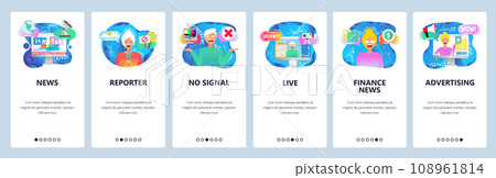 Mobile app onboarding screens. TV industry, breaking news, live stream, female reporter, financial news. Vector banner template for website and mobile development. Web site design flat illustration Mobile app onboarding screens. TV industry, breaking news, live stream, female reporter, financial news. Vector banner template for website and mobile development. Web site design flat illustration 108961814