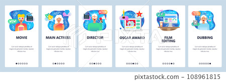Mobile app onboarding screens. Movie production, film director, cinema viewer. Menu vector banner template for website and mobile development. Web site design flat illustration Mobile app onboarding screens. Movie production, film director, cinema viewer. Menu vector banner template for website and mobile development. Web site design flat illustration 108961815