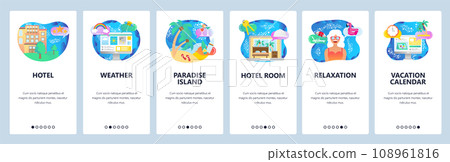 Mobile app onboarding screens. Plan vacation, tropical beach holiday, paradise island. Menu vector banner template for website and mobile development. Web site design flat illustration Mobile app onboarding screens. Plan vacation, tropical beach holiday, paradise island. Menu vector banner template for website and mobile development. Web site design flat illustration 108961816
