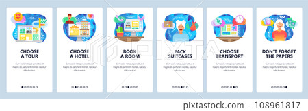 Mobile app onboarding screens. Plan vacation, travel, hotel booking, buy air tickets online. Menu vector banner template for website and mobile development. Web site design flat illustration 108961817