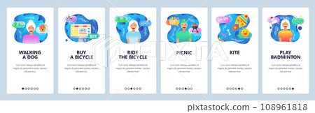 Mobile app onboarding screens. Weekend outdoor activities, leisure time, walking dog in a park, ride bycicle. Vector banner template for website and mobile development. Web site flat illustration Mobile app onboarding screens. Weekend outdoor activities, leisure time, walking dog in a park, ride bycicle. Vector banner template for website and mobile development. Web site flat illustration 108961818