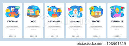 Mobile app onboarding screens. Food delivery, grocery order online, asian and italian food. Menu vector banner template for website and mobile development. Web site design flat illustration Mobile app onboarding screens. Food delivery, grocery order online, asian and italian food. Menu vector banner template for website and mobile development. Web site design flat illustration 108961819