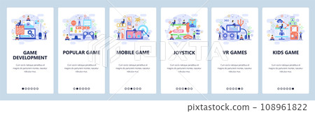 Mobile app onboarding screens. Game development, VR technology, mobile games, joystick. Menu vector banner template for website and mobile development. Web site design flat illustration 108961822