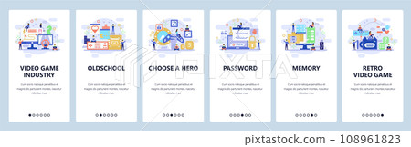 Mobile app onboarding screens. Oldschool video games, computer hardware, enter password. Menu vector banner template for website and mobile development. Web site design flat illustration 108961823