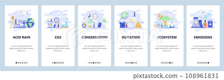 Mobile app onboarding screens. Earth pollution, co2 gas emission, save the planet, nature conservation. Vector banner template for website and mobile development. Web site design flat illustration 108961831