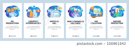 Mobile app onboarding screens. Oil production, natural gas, air pollution. Menu vector banner template for website and mobile development. Web site design flat illustration 108961842