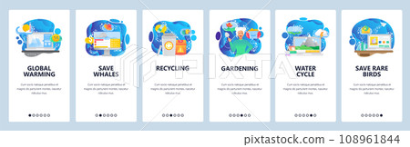 Mobile app onboarding screens. Climate change, global warming, recycling waste and save animals. Menu vector banner template for website and mobile development. Web site design flat illustration 108961844