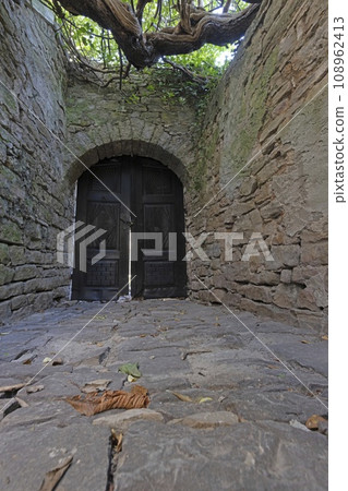 View of a wooden brown gate in a historic overgrown natural stone wall from the ground 108962413
