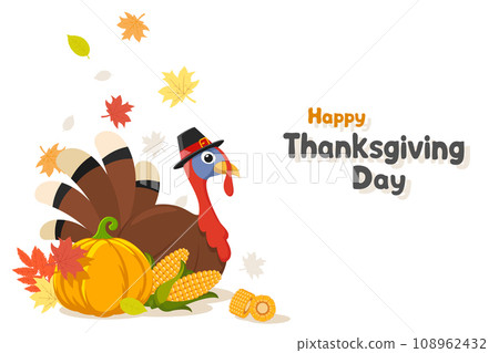 Thanksgiving Day. Turkey bird in a hat with pumpkin and corn on a white background, space for text. Character Thanksgiving Day. Turkey bird in a hat with pumpkin and corn on a white background, space for text. Character 108962432