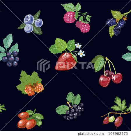 Berries seamless pattern on black background, sweet ripe berries and flowers and leaves. Vector 108962573
