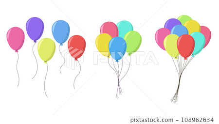 Balloons flying up. Air baloons groups, festive decorations floating. Baloons bunches, bundles. Festive decorations floating, soaring. Helium ballons decor on strings. 108962634