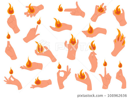 Set human hands with fire or flame. Fire elements. Colorful vector illustration 108962636