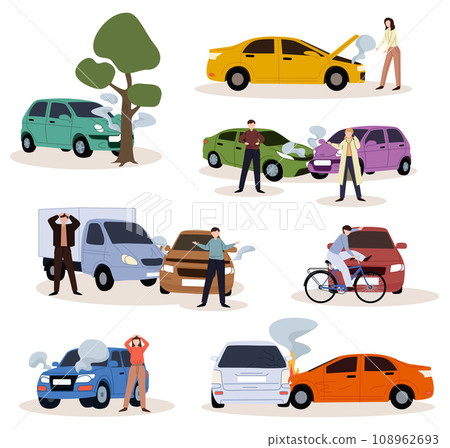 Car accidents set. Crash, collision at road traffic. Car damaged vehicle transportation. Drivers, pedestrians and broken auto, damaged transport, injured people after crush. Car accidents set. Crash, collision at road traffic. Car damaged vehicle transportation. Drivers, pedestrians and broken auto, damaged transport, injured people after crush. 108962693