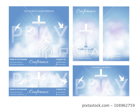 Christian religious Pray design. Church flyer. Celebrate the Risen Savior. Christian cross Church conference flyer social media post web banner. 108962759