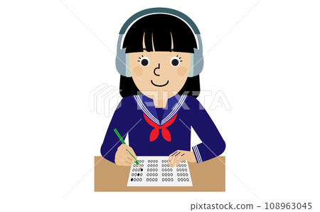 A black-haired Japanese woman wearing a sailor school uniform is wearing headphones and taking a listening test in front of her desk. A black-haired Japanese woman wearing a sailor school uniform is wearing headphones and taking a listening test in front of her desk. 108963045