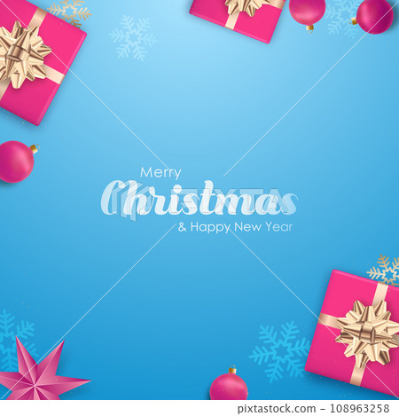 Modern Christmas flat lay composition of pink gift boxes and balls  108963258