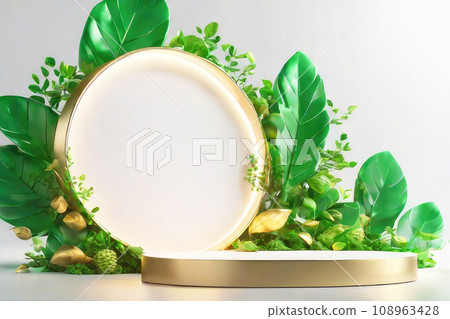 Futuristic minimal scene. 3d Empty pedestal podium in gold and green colors with green leaves. Background for demonstrating the product. Futuristic minimal scene. 3d Empty pedestal podium in gold and green colors with green leaves. Background for demonstrating the product. 108963428