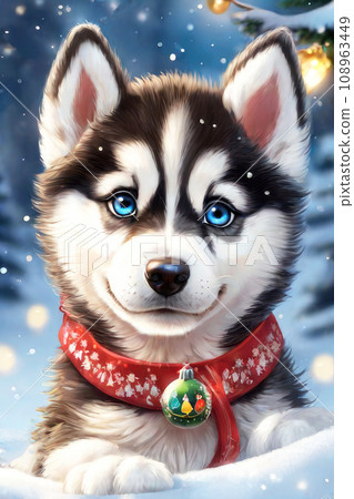 Merry christmas and happy holidays greeting card. Cute husky puppy in the winter forest. Merry christmas and happy holidays greeting card. Cute husky puppy in the winter forest. 108963449