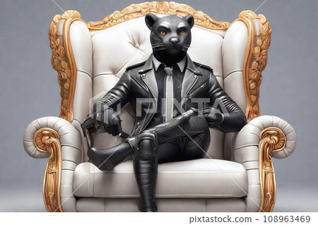 Animal portrait with human body sitting in a chair, big boss. Cartoon animation character, anime style, 3d illustration. Animal portrait with human body sitting in a chair, big boss. Cartoon animation character, anime style, 3d illustration. 108963469