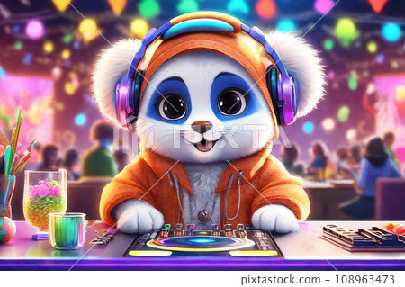 Portrait adorable animal DJ at the disco on headphones with mixing table setup. Cartoon animation character, anime style, 3d illustration. 108963473