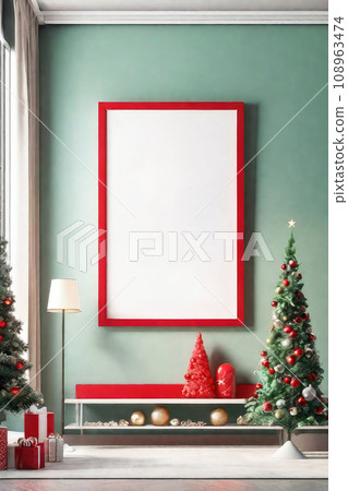 Mock up poster frame in Christmas and New Year interior living room concept, home style with in red and green colours, 3d illustration. 108963474