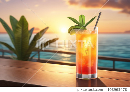 Refreshing exotic fruit tropical cocktail on beach resort at sunset, Illustartion, HD Photorealistic. 108963478