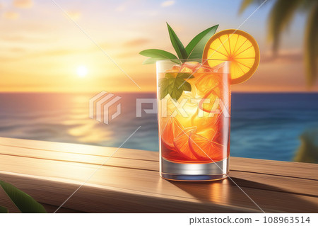 Refreshing exotic fruit tropical cocktail on beach resort at sunset, Illustartion, HD Photorealistic. Refreshing exotic fruit tropical cocktail on beach resort at sunset, Illustartion, HD Photorealistic. 108963514