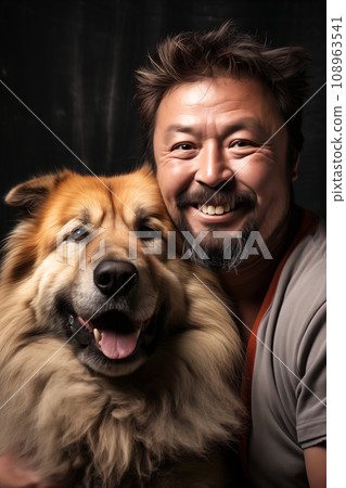 Asian man and a big brown dog happy together. Close-up portrait of a pet and an owner hugging and smiling. AI-generated 108963541