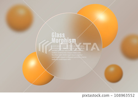 Glass morphism landing page with round frame. Vector illustration with blurred floating spheres in orange color. Glass morphism landing page with round frame. Vector illustration with blurred floating spheres in orange color. 108963552