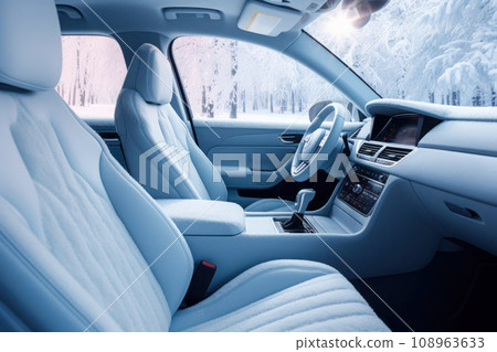 Frozen car interior. Driving in winter season. Generative AI 108963633