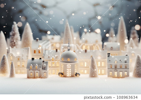 Snowy toy houses with blurred garland lights. Generative AI 108963634
