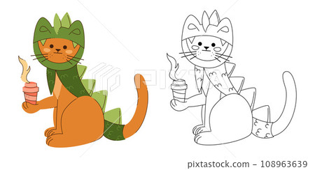 A cat character in a dragon costume with a glass of coffee to go. Color, black and white vector illustration. A cat character in a dragon costume with a glass of coffee to go. Color, black and white vector illustration. 108963639