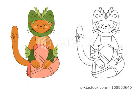 A cat character in a dragon costume with a heart-shaped box. Color, black and white vector illustration. A cat character in a dragon costume with a heart-shaped box. Color, black and white vector illustration. 108963640