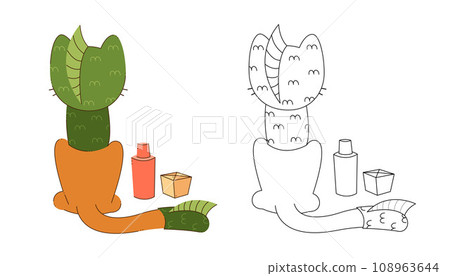 A cute cat character in a dragon costume sits with his back to us. Color, black and white vector illustration. 108963644