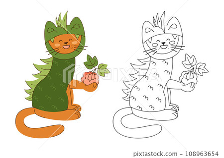 Cute cat character in a dragon costume with a bunch of rowan berries. Color, black and white vector illustration. Cute cat character in a dragon costume with a bunch of rowan berries. Color, black and white vector illustration. 108963654