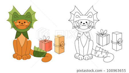 Cute cat character in a dragon costume with boxes of gifts. Color, black and white vector illustration. 108963655