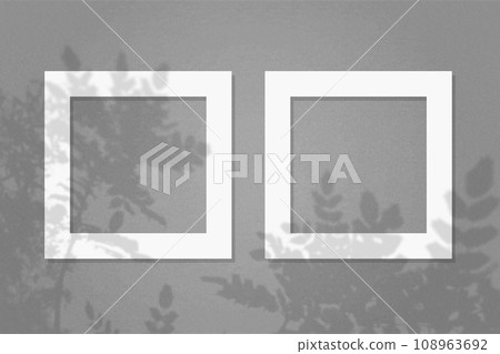 Natural light casts shadows from the leaves of a tree on 2 square frames of white textured paper lying on a grey facture background. Mock up with an overlay of plant shadows 108963692
