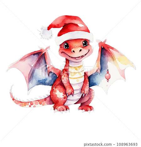 A cute dragon is a symbol of 2024 in a red riding hood. Watercolor illustration A cute dragon is a symbol of 2024 in a red riding hood. Watercolor illustration 108963693